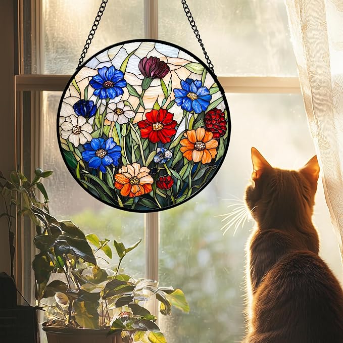 Stained Glass Suncatcher, Colorful Flowers Green Leaf Sun Catcher Landscape Stain Glass Window Hanging Decoration Mother's Day Birthday Gifts for Women Men Mom Nana 9.8 in