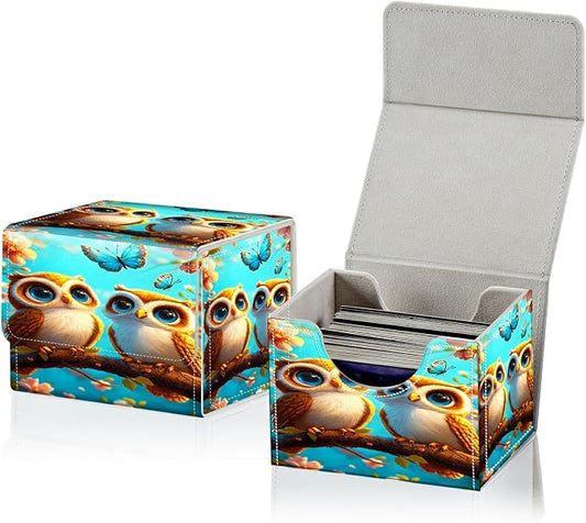 Card Deck Box for MTG, Cards Storage Box Fits 120+ Sleeved, Leather Small Size Strong Magnetic Closing Card Case for Board Games Magic TCG CCG Baseball Collection, Owl Blue
