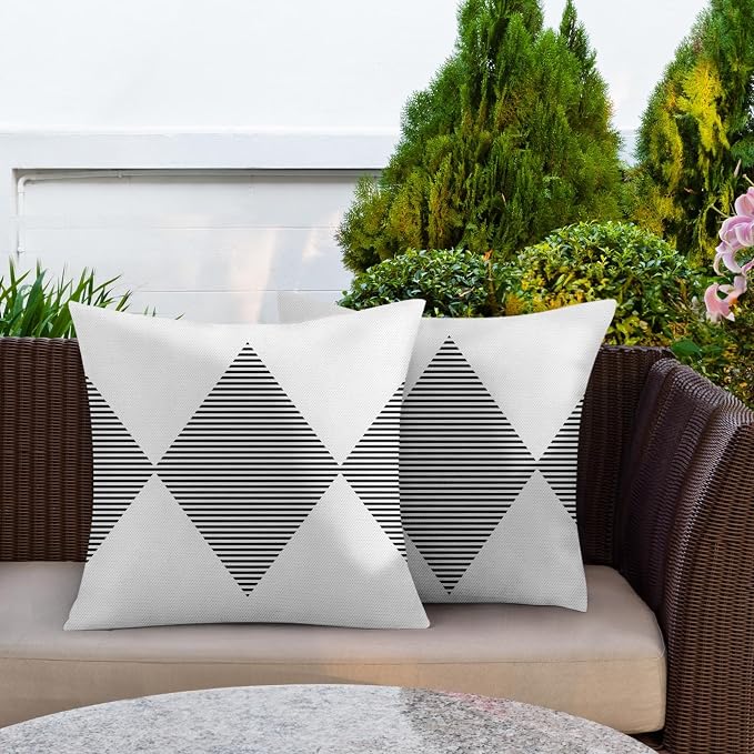 Throw Pillow Covers, White Stripes, Set of 2, 18 x 18 Inch | Black Waterproof Modern Pillowcase Square Cushion Case Farmhouse Garden Decorative Pillows for Couch Beach Patio