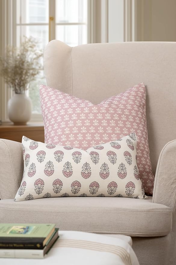 Crumbs Home Modern Farmhouse California Casual Indoor Outdoor Lumbar Pillow Cover, 12"x20" Water Repellent for Patio, Backyard, Couch, Poolside, Earth Tone Dark Rose Ivory Cream Block Print Flowers