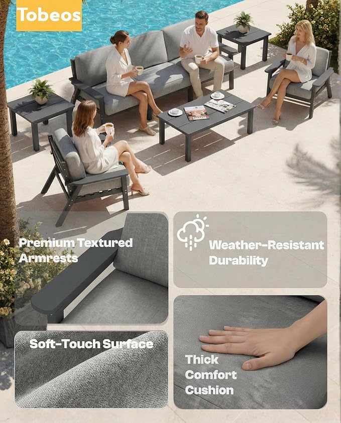 HDPE Patio Furniture Set 5 Seats with Cantilever Umbrella, Outdoor Couch with Washable Thick Gray Cushions & Tables, Outdoor Sectional Furniture for Deck, Lawn, Porch (Gray Frame)