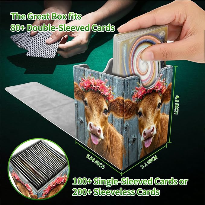 Pink Flower Cow Card Deck Box for MTG, Personalized Card Storage Case Fits 120+ Sleeved Cards, Premium Leather TCG Box with Strong Magnetic Closure for Magic, CCG, PTCG, Baseball Cards