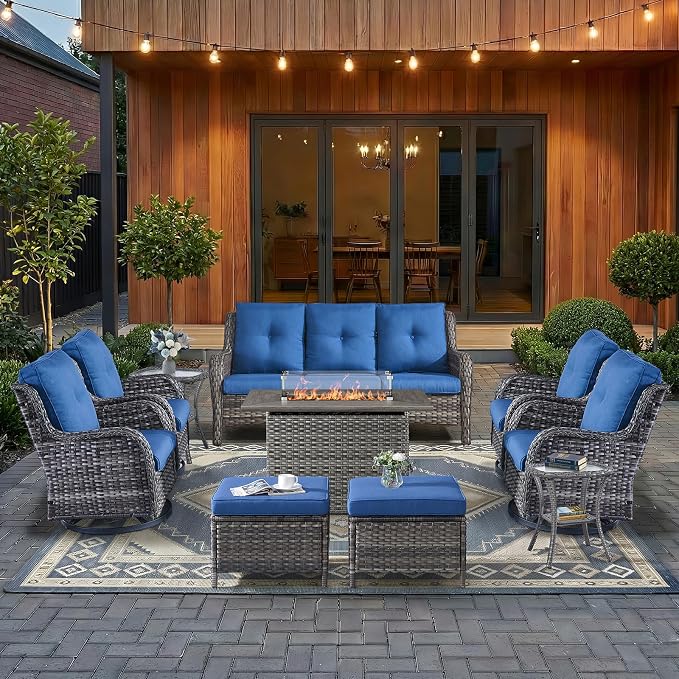HUMMUH 10 Pieces Patio Furniture Set with Fire Pit High Back Wicker Outdoor Furniture Set Swivel Rocker Chairs 3-Seater Couch for Porch,Deck,Backyard
