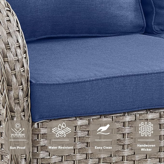 Belord 5 Piece Outdoor Conversation Patio Furniture Set - All-Weather Wicker Patio Rocking Chairs with Loveseat Glider Chair and Coffee Table for Patio Deck Porch Backyard Gray Wicker Blue Cushion