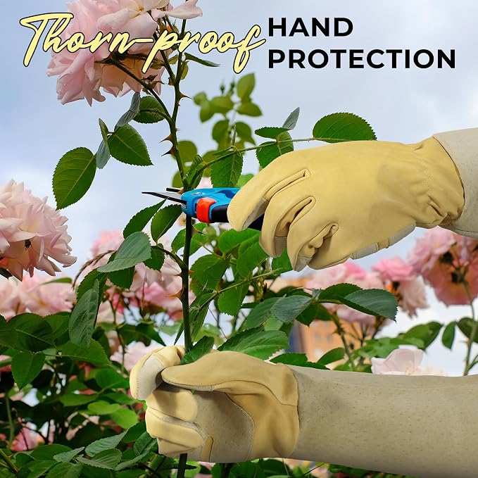 HANDLANDY Rose Pruning Gardening Gloves for Men Women, Thorn Proof Forearm Protection Leather Garden Gloves, Gardening Gifts for Gardeners (Vanilla, Medium)