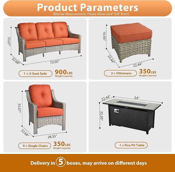 Outdoor Patio Furniture Sets, 8 PCS Patio Conversation Set Outside Rattan Sofa with 54 in Fire Pit Table Comfy Cushions Fit Backyard Porch Garden Poolside Balcony,Orange Red