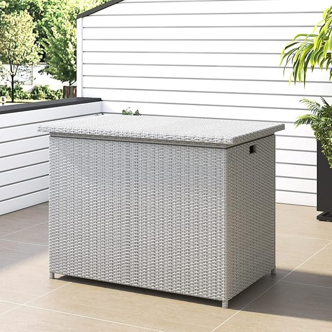 Lepus Large Waterproof Resin Wicker/Rattan Deck Box with Handles, Outdoor Storage Container For Patio, Pool, Garden, 130 Gallons, Gray