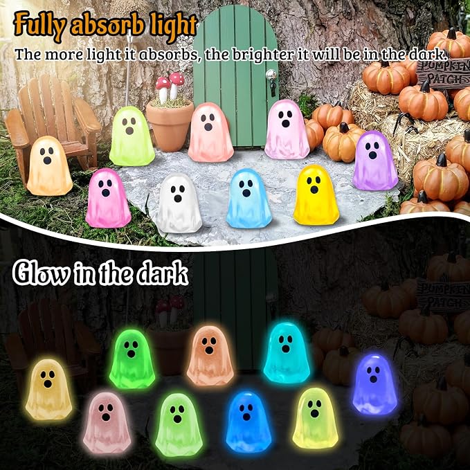 132 Pcs Halloween Luminous Mini Ghost Figures 9 Colors Glow in the Dark Tiny Little Resin Ghost Statues Miniature Figurines for Halloween Vase Filler Micro Landscape Fairy Garden Party Decor