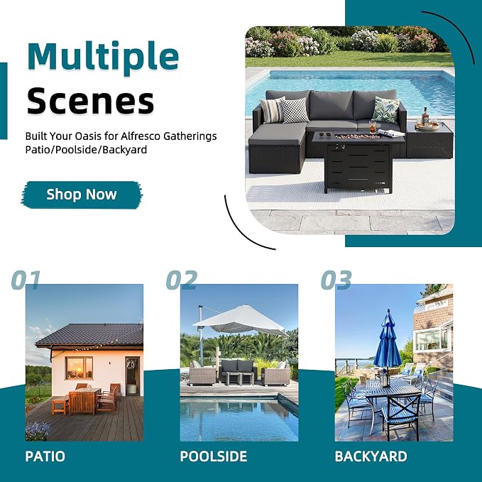 SUNLEI 4-Piece Patio Furniture Set with 43" Propane Fire Pit Table, Outdoor Wicker Sectional Sofa Set, All-Weather Conversation Set for Backyard, Poolside, Garden, Blue Cushions