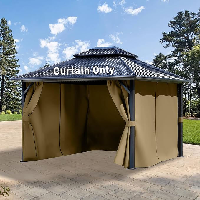 Aoodor 10x10 ft Outdoor Gazebo Curtains, 4 Panels Waterproof Privacy Sidewall Replacement with Zipper for Patio Pergola and Canopy, Khaki