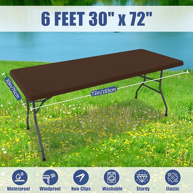 Moosfor Spandex 6 Foot Rectangle Table Cloth 2 Pack, Elastic Fitted Tablecloths for Picnic, Stretch Washable Patio Table Cover for Outdoor, Camping, Banquet and Parties (Coffee, 30"x72")