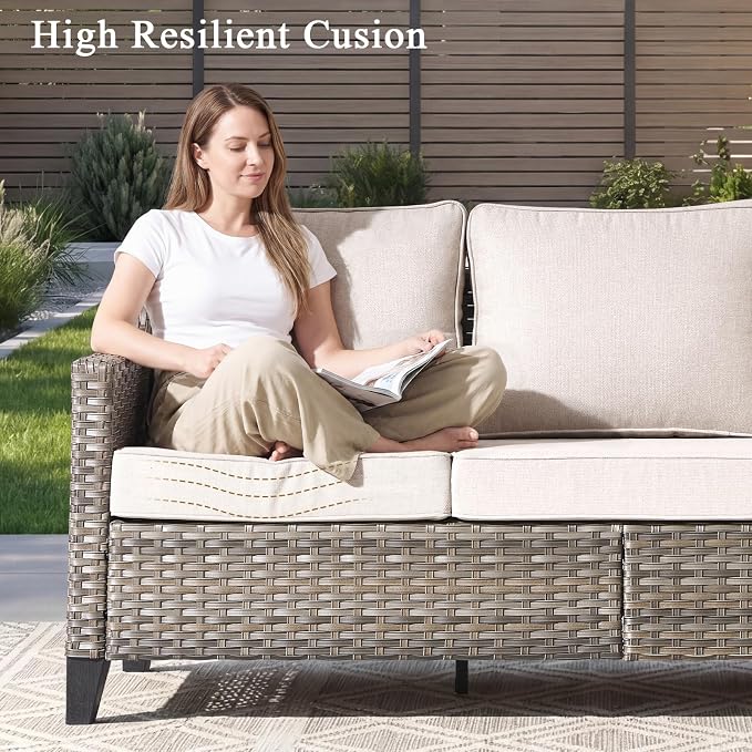 Luxury Patio Furniture sofa Set - 7 Pieces All Weather Wicker Outdoor Couch and High Back Swivel Rocker Patio Chairs with Sofa & footstools for Deck Yard and Poolside Gray Wicker | Beige Cushions