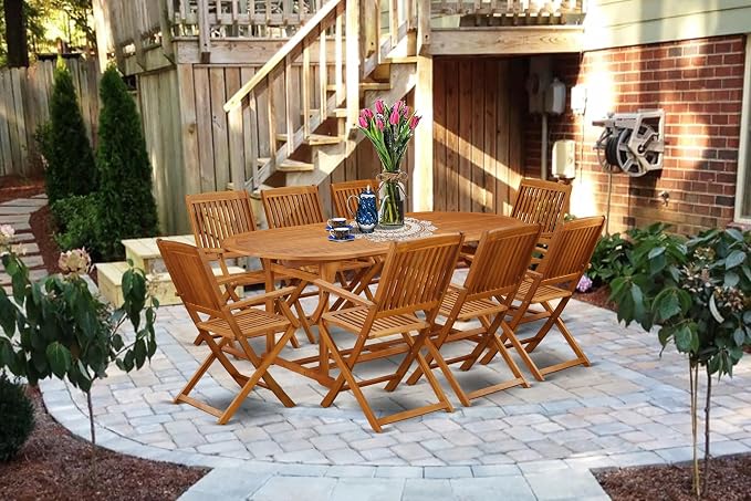East West Furniture BSCM9CANA 9 Piece Outdoor Patio Dining Sets Includes an Oval Acacia Wood Table and 8 Folding Arm Chairs, 36x78 Inch, Natural Oil