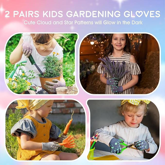 COOLJOB Glow in The Dark Kids Gardening Gloves for Age 6-8, 2 Pairs Children Reflective Yard Work Rubber Coated Gloves, Light Blue with Cloud & Moon, Purple with Stars, Medium