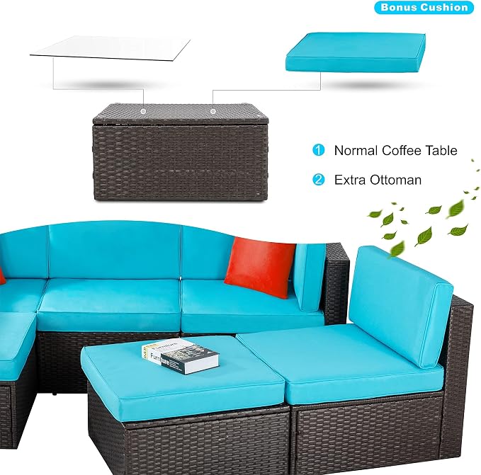 Vongrasig 6 Piece Small Patio Furniture Sets, Outdoor Sectional Sofa All Weather PE Wicker Patio Sofa Couch Garden Backyard Conversation Set with Glass Table,Blue Cushions and Red Pillows (Blue)