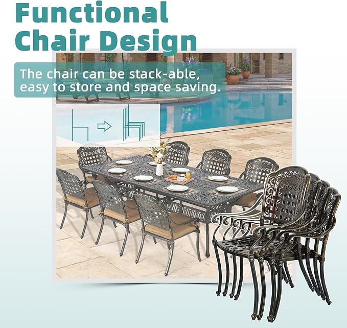 MEETWARM 9-Piece Outdoor Patio Dining Set for 8, All Weather Cast Aluminum Patio Funiture Table and Chairs Set- 94.5” Rectangular Table and 8 Cushioned Chairs for Garden, 2" Umbrella Hole, Khaki
