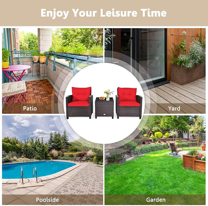 3 Pieces Wicker Patio Furniture Set, Outdoor Sofa Set with Water-Resistant Cushion & Tempered Glass Table, Outdoor Conversation Set Bistro Set for Garden, Balcony, Poolside(Red)