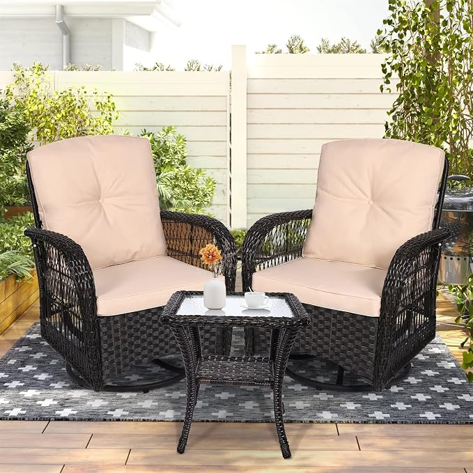 3-Piece Patio Wicker Conversation Bistro Set, Rattan Gliding Rocking Swivel Chairs with Cushion and Glass Top Side Table Outdoor Furniture Sets for Garden Backyard, Dark Brown