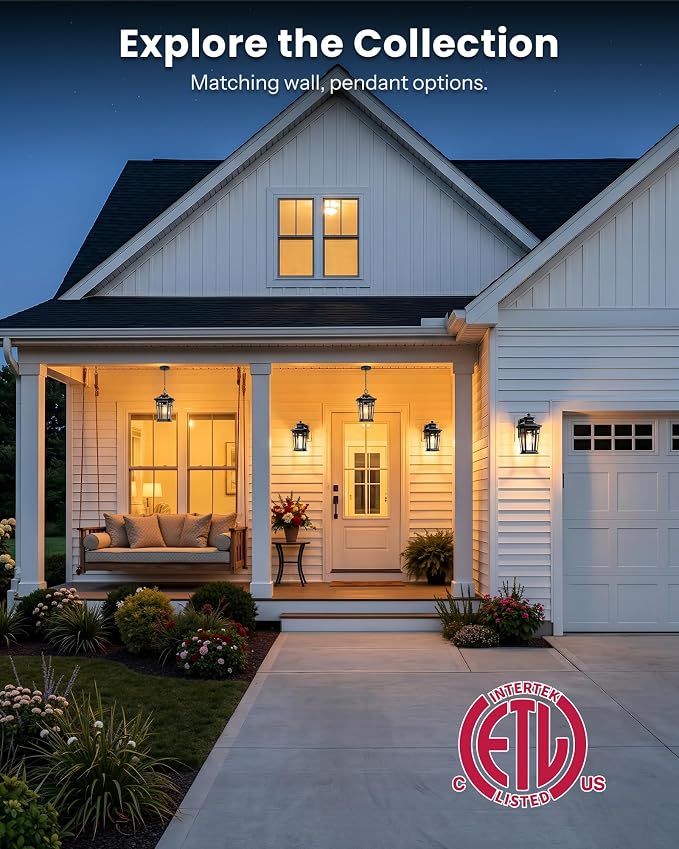 Gleamz Large Dusk to Dawn Outdoor Lighting with GFCI Outlet, Black Exterior Lighting Fixtures, Outdoor Porch Lights Wall Mount for Garage, Patio, Coach, 100% Aluminum Anti-Rust Waterproof