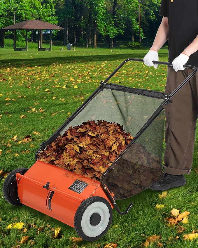 Takywep 26-Inch Push Lawn Sweeper, Anti-Rust Steel Frame, 4 High-Density Brushes, Adjustable Height, 7 Cu.Ft Collection Bag for Yard Debris (Orange & Black)