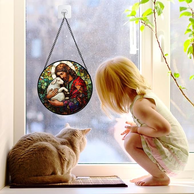 DASTOLL Stained Glass Window Hanging, Jesus Little Lamb Sun Catchers Colorful Glass Panel Christianity Suncatcher Decor for Birthday for Women, Men, Wife, Aunt, and Mom 6.3 in