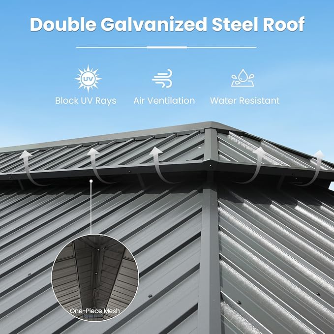 Domi 14' X 22' Hardtop Gazebo, Upgraded Metal Gazebo with Drainage System, Dual-Layer Galvanized Steel Roof, Curtain and Netting, Outdoor Shelter Canopy for Patio, Garden, and Backyard, Grey