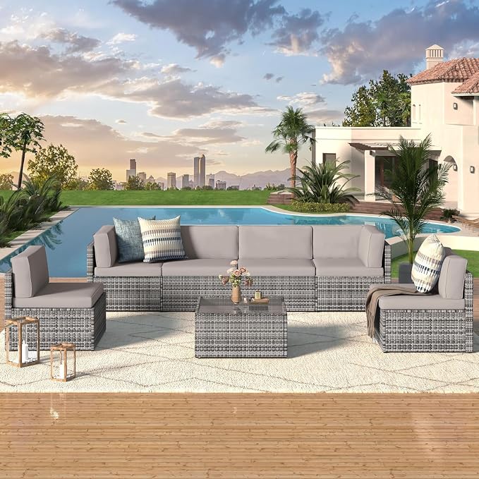 U-MAX 7 Piece Outdoor Patio Furniture Set, PE Rattan Outdoor Wicker Sectional Furniture Chair Set with Cushions and Tea Table, Grey Rattan and Grey Cushion