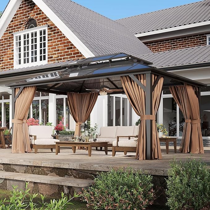 Aoxun 12'x16' Hardtop Gazebo, Outdoor Metal Gazebo with Double Polycarbonate Roof Canopy, Permanent Pavilion with Netting and Curtains for Lawn, Garden, Patio (Brown)