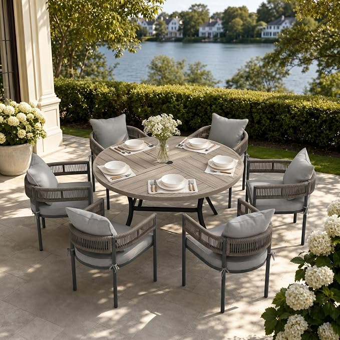 VICLLAX Patio Dining Set, 53.1" Grey Table & 6 Chairs with Grey Cushion | Outdoor Table and Chairs Set of Round Metal Patio Table, Outdoor Dining Chairs with Metal Frame, Garden Deck Porch