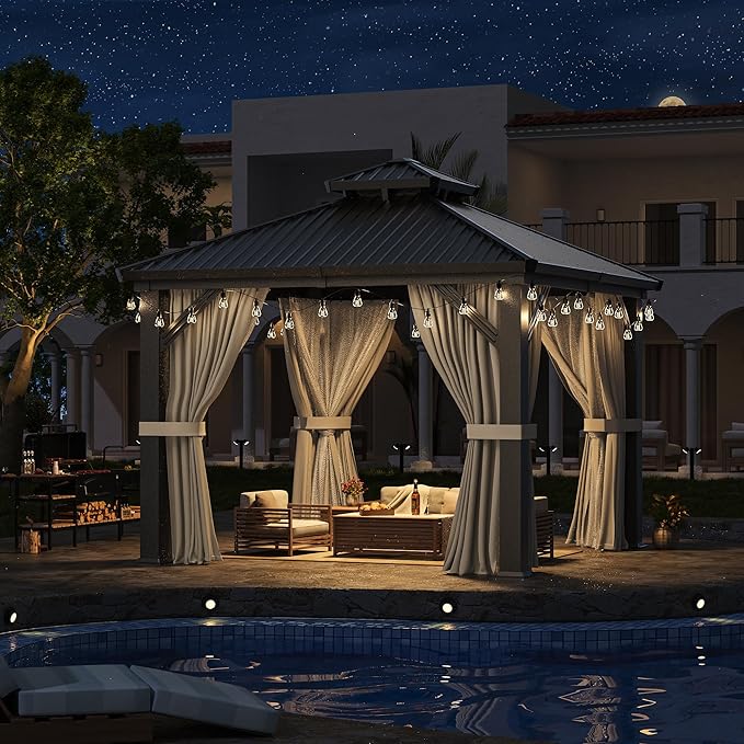AirWire 10'x10' Outdoor Gazebo Hardtop Grill Gazebo Aluminum Galvanized Steel Double Roof Outdoor Pergola Include Curtain and Netting for Backyard, Patio, Lawn