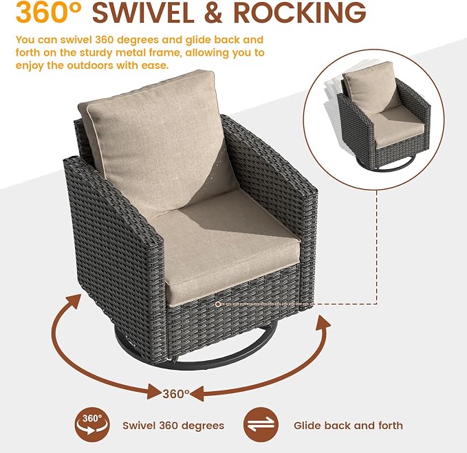 UDPATIO Patio Furniture Set, 6 Pieces Outdoor Sectional Couch, Gray Wicker Rattan Conversation Sofa with Swivel Rocking Chair, 4" Thick Cushion for Garden Backyard Deck, Khaki