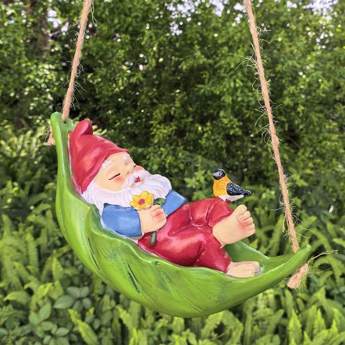 Gnome Garden Deko Outdoor Statues, Bird Flowers Resin Hanging Tree Gnomes Decorations Ornaments Figurines for Outside Backyard Art Decor