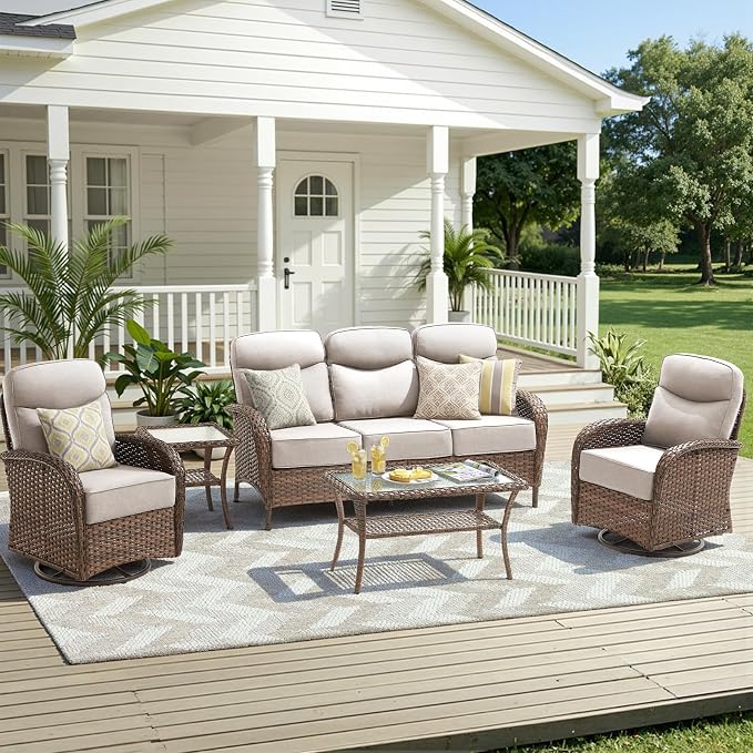 Luxury Outdoor Patio Furniture Set with 6-Inch Thick Cushions, 5 Pieces Wicker Outdoor Furniture with High Back Swivel Patio Chairs Set of 2, Outdoor Conversation Set for Deck Garden Porch, Beige