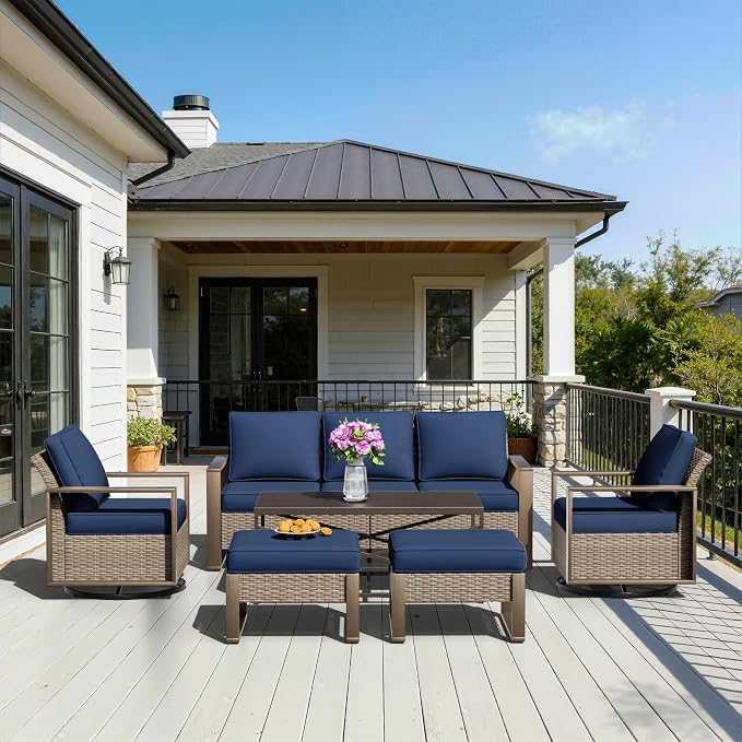 6 Pieces Metal Wicker Patio Furniture Set - 75" Sofa, Two Swivel Chairs and Two Ottomans, One Coffee Table All Weather Rattan Outdoor Conversation Furniture with Washable Cushion for Deck, Dark Blue