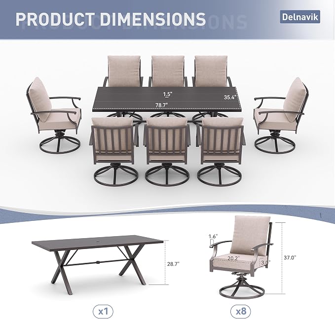 Kurapika 9 Pieces Patio Dining Set Outdoor Furniture with 8 Swivel Chairs, Metal Patio Furniture Set 8 Chairs and Large Table with Umbrella Cutout for Yard Porch Deck, Sand