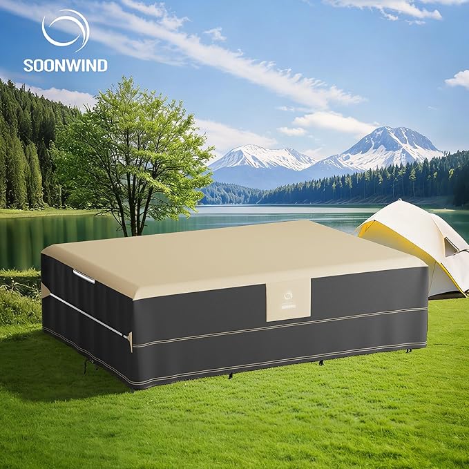 Heavy Duty Waterproof Outdoor Patio Furniture Covers - All Weather Protection for Sectional Sofa, Dining Table & Chair Set, Protector Cover (Beige & Black, Rectangular-110" L x 83" W x 28"H)