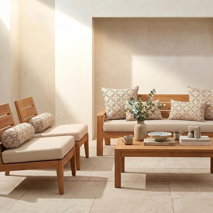 RSH DECOR: 6-Pack Pillow Set | Sunbrella Performance Fabric |Water & Fade-Resistant| 17" Square, 20"x12" Lumbar, 20"x6" Neck Roll | Outdoor Pillows for Patio Furniture | Made in USA (Dwell Mahogany)