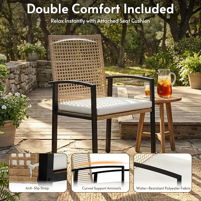 7-Piece Outdoor Dining Set for 6, Patio Dining Set with Hand-Woven Wicker Chairs & Cushions, 60" x 33" x 30" Wider Aluminum Woodgrain Table for Deck, Garden, Backyard