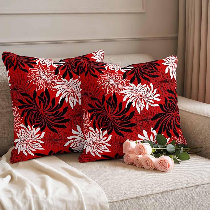 Yukro Red Black Floral Outdoor Waterproof Pillow Covers Pack of 2, Vintage White Black Flower Red Decorative Throw Pillowcases Cushion Covers for Garden Patio Tent Sofa Couch, 20x20 inch