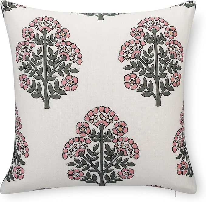 Crumbs Home Modern Farmhouse California Casual Indoor Outdoor Throw Pillow Cover, 20"x20" Water Repellent for Patio, Backyard, Couch, Poolside, Green Dark Rose Block Print Hydrangea Flowers