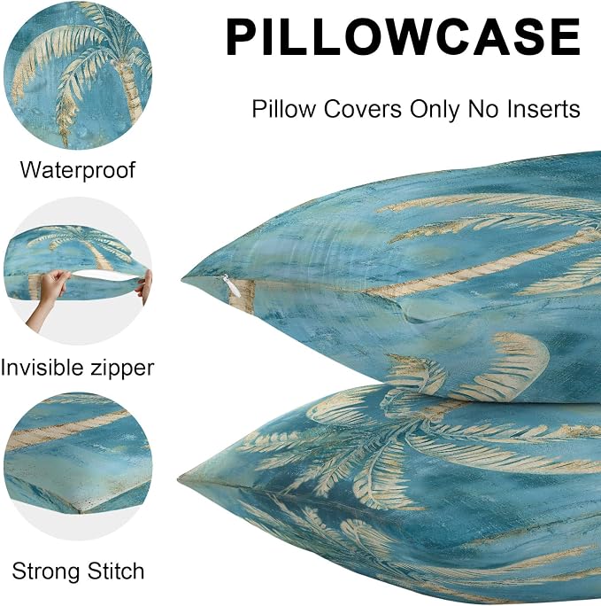 Coastal Beach Tree Teal Blue Outdoor Waterproof Pillow Covers, Vintage Summer Palm Tree Decorative Square Throw Pillowcase, Tropical Botanical Sofa Cushion Sham for Patio/Couch/Chair, 24"x24" 2 Pack