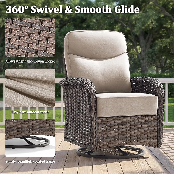 Outdoor Swivel Rocking Chair Patio Set (6PCS), High-Back - Thick Cushion Swivel Rocking Chair Patio Set, All-Weather Wicker Patio Furniture Set, Suitable for Balcony Patios, Brown/Beige
