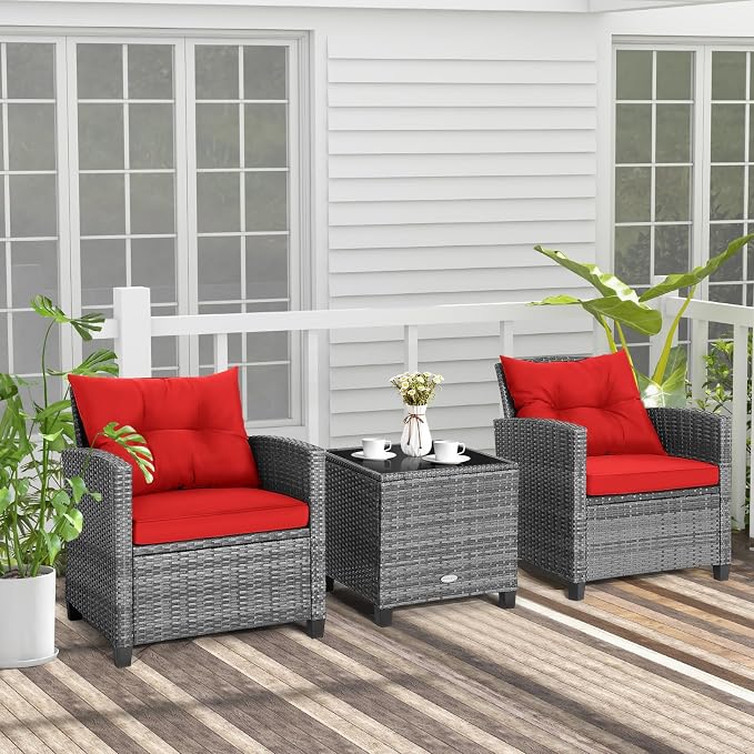 Tangkula 3 Pieces Patio Furniture Set, Outdoor PE Rattan Conversation Chair Set with Tempered Glass Side Table and Removable Cushions, PE Wicker Chairs and Table Set for Porch, Balcony and Garden