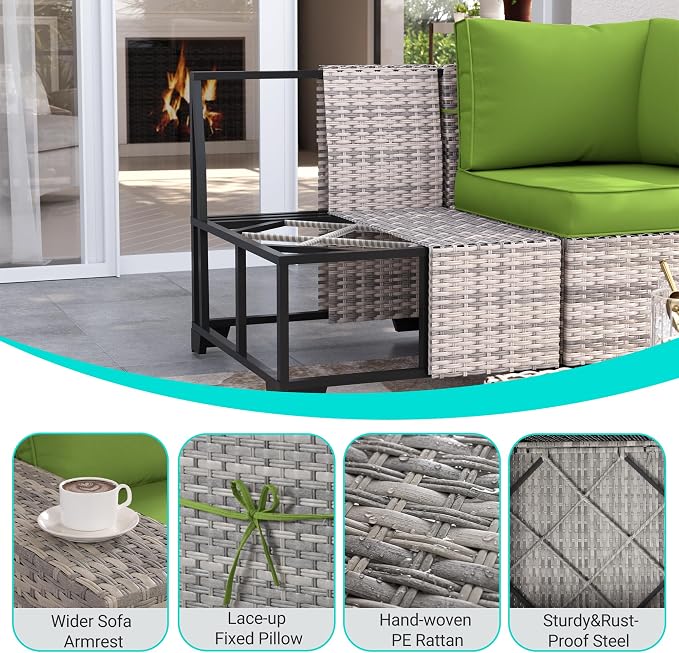 9-Piece Outdoor Patio Furniture Set with 55,000 BTU Fire Pit Table, PE Wicker Rattan Sectional Sofa Patio Conversation Set with Ottomans & Coffee Table, Avocado Green