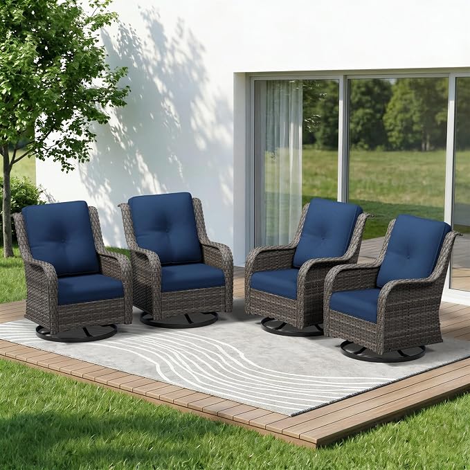 4 Piece Outdoor Swivel Rocker Patio Chairs Set, Patio Chairs Set of 4 with Thickened Olefin Cushions, High Back and Deep Seating, Hand-Woven PE Rattan for Porch, Deck, Blue
