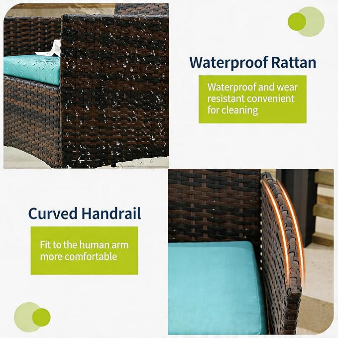 GAOMON 3-Piece Patio Furniture Set, Modern PE Rattan Conversation Set with 2 Chairs & Tempered Glass Coffee Table, All-Weather Outdoor Seating for Garden, Porch, Balcony, Poolside, Blue