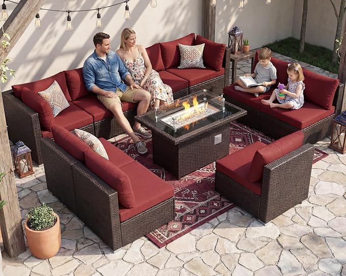 BULEXYARD 11 Piece High Back Wicker Patio Furniture Sets with Fire Pit, Luxury Extra Large Size Outdoor Seating Set, Comfortable Extra Wide Deep 10-Seater Sectional Couch Sofa for Outside, Brown & Red