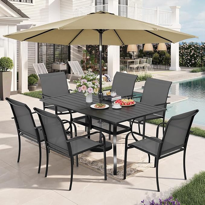 7-Piece Patio Dining Set with Umbrella,6 Person Outdoor Table and Chairs Set, 6 Metal Dining Chairs and Rectangular Outdoor Table with 1.57" Umbrella Hole,Grey