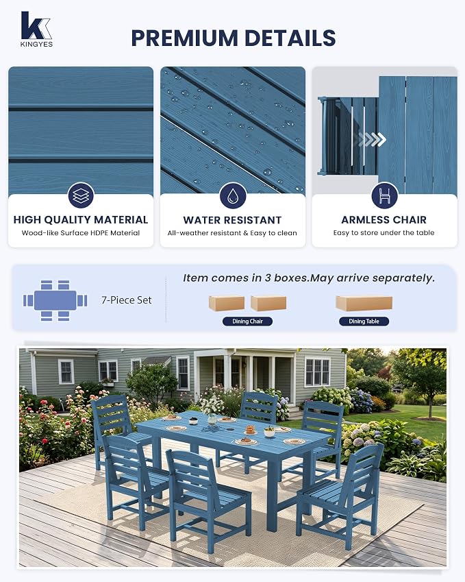 KINGYES 7-Piece Patio Dining Set, HDPE Table and Armless Chairs Outdoor Furniture Set with Umbrella Hole, Blue