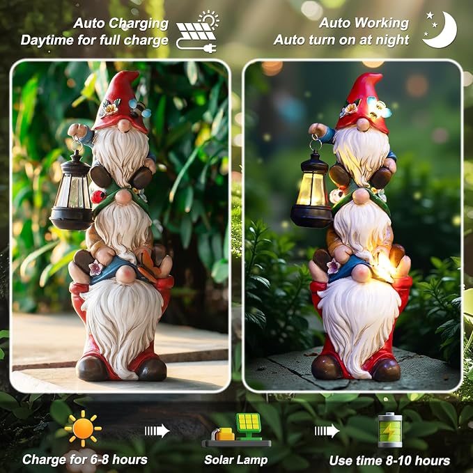 twinbling 17 in Large Garden Gnome Statue with Solar Lights | Sculptures Funny Triple Big Gnome Outdoor Patio Lawn Yard Balcony Garden Home Decor Gifts for Women Mom Mothers Day Gifts